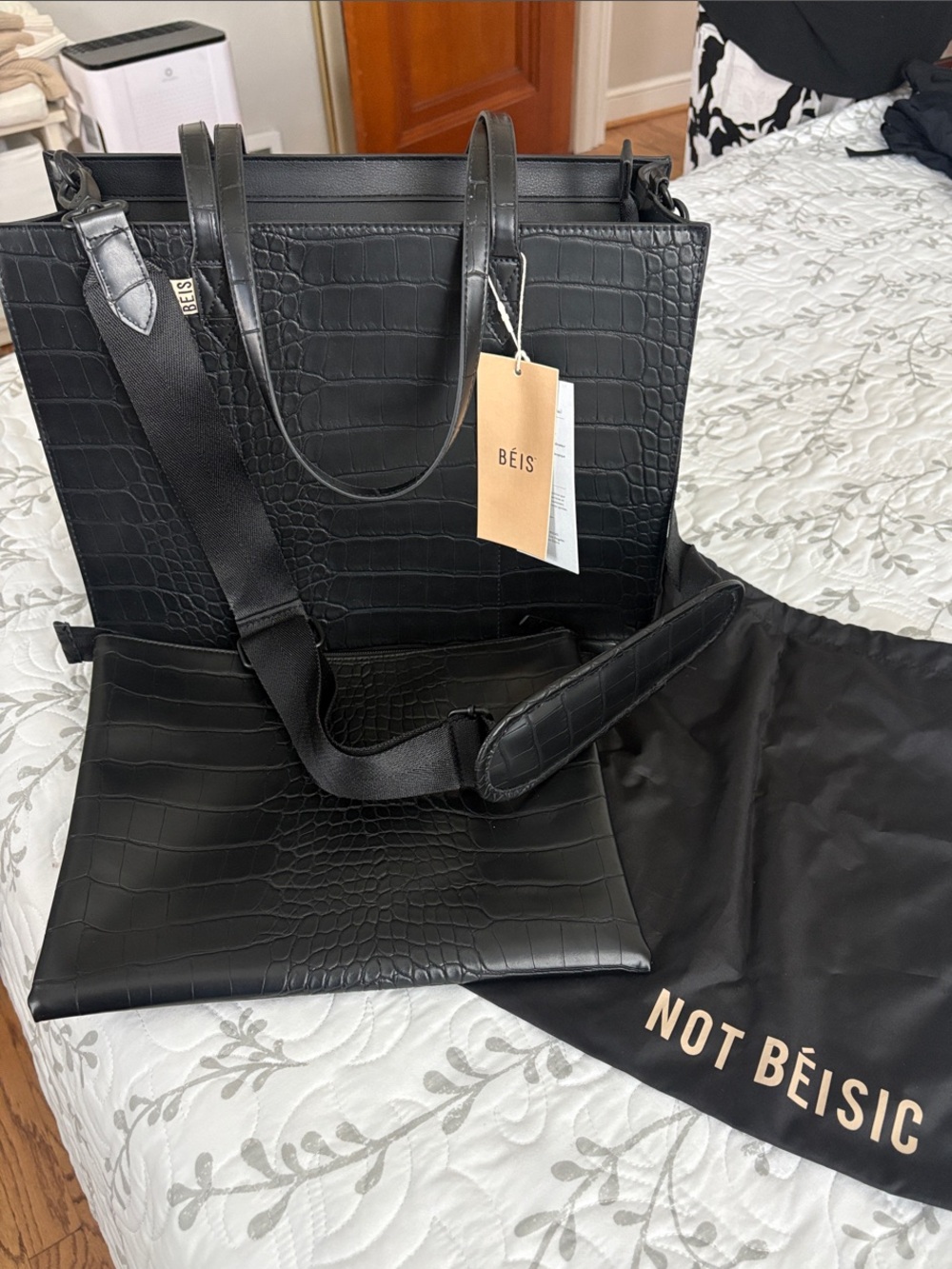 BEIS Black Croc-Embossed Tote with Padded Strap